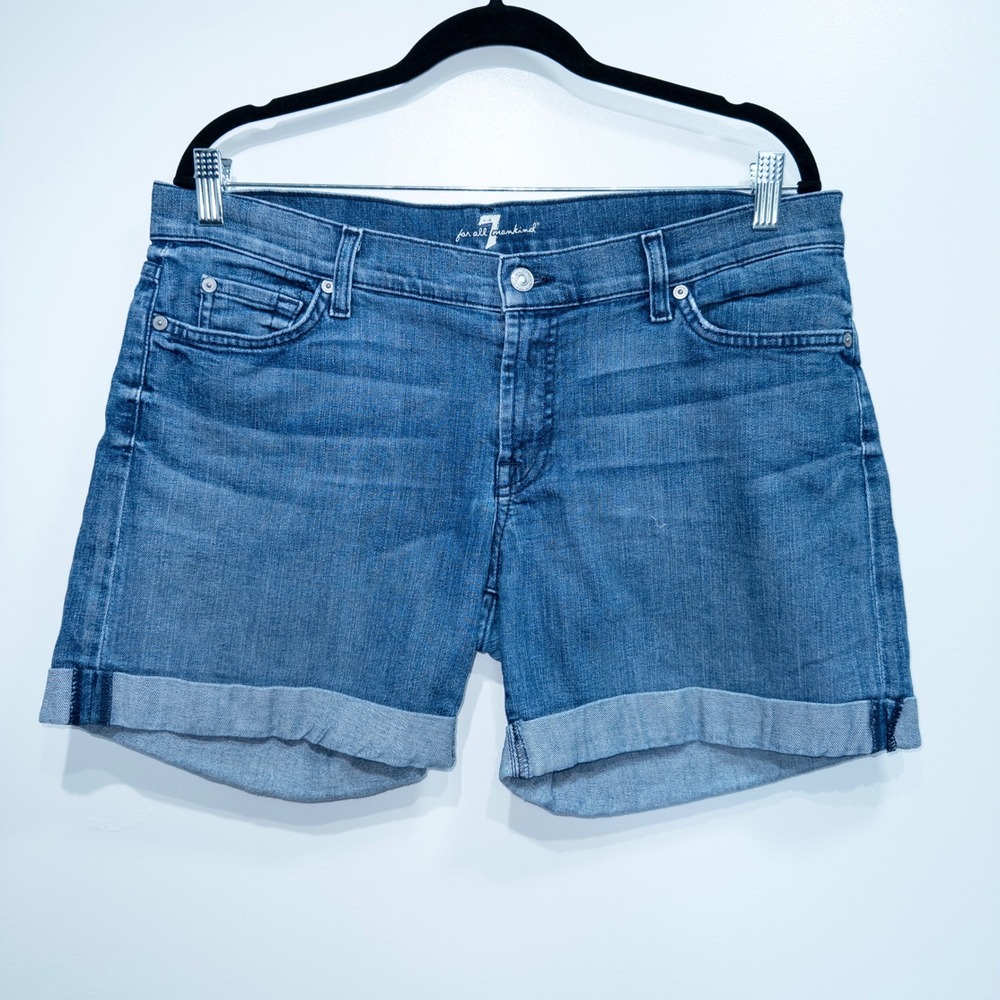 7 For All Mankind Blue Vanity Wash Mid Roll‎ Broken Twill Denim Shorts Size 32